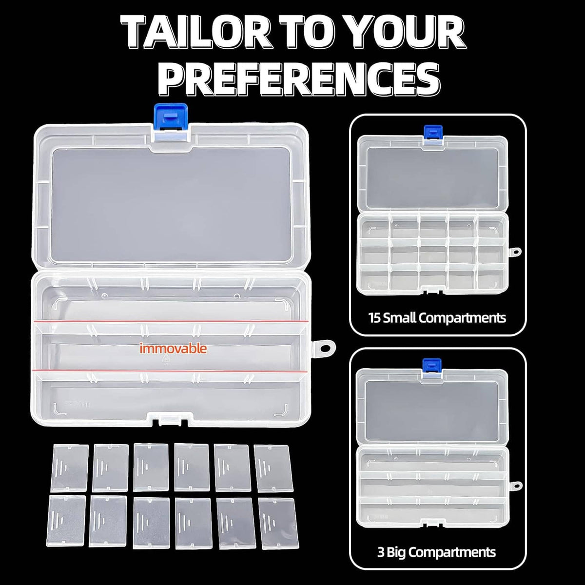 Clear plastic organizer box with blue latch, removable dividers, and small compartment panels