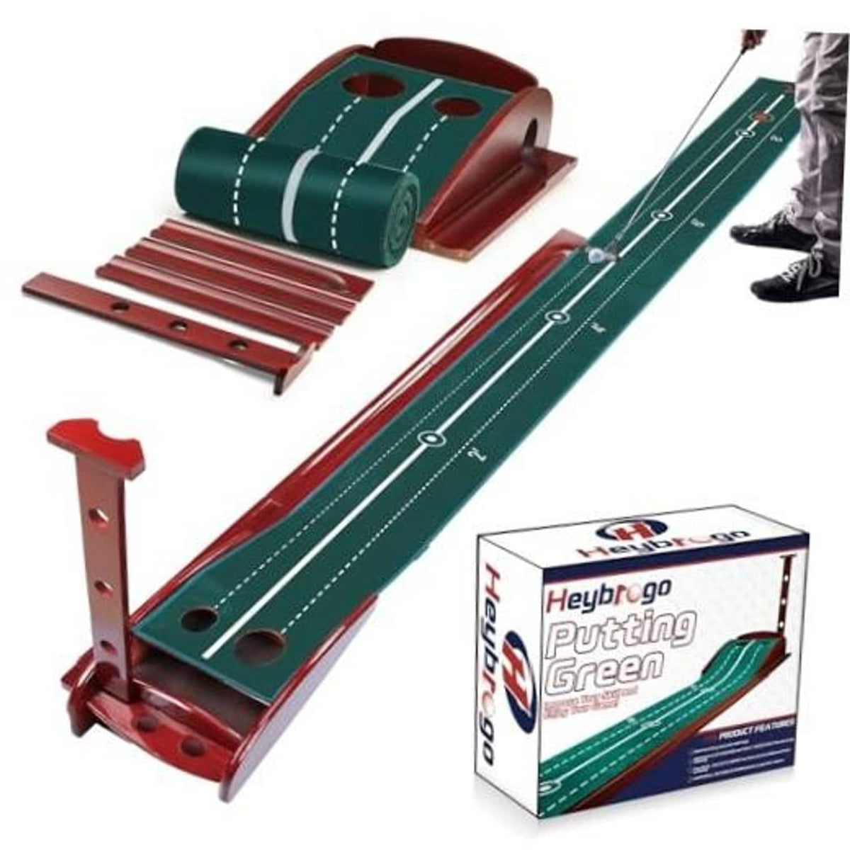 Indoor golf putting mat with green lanes and red frame, ball return track