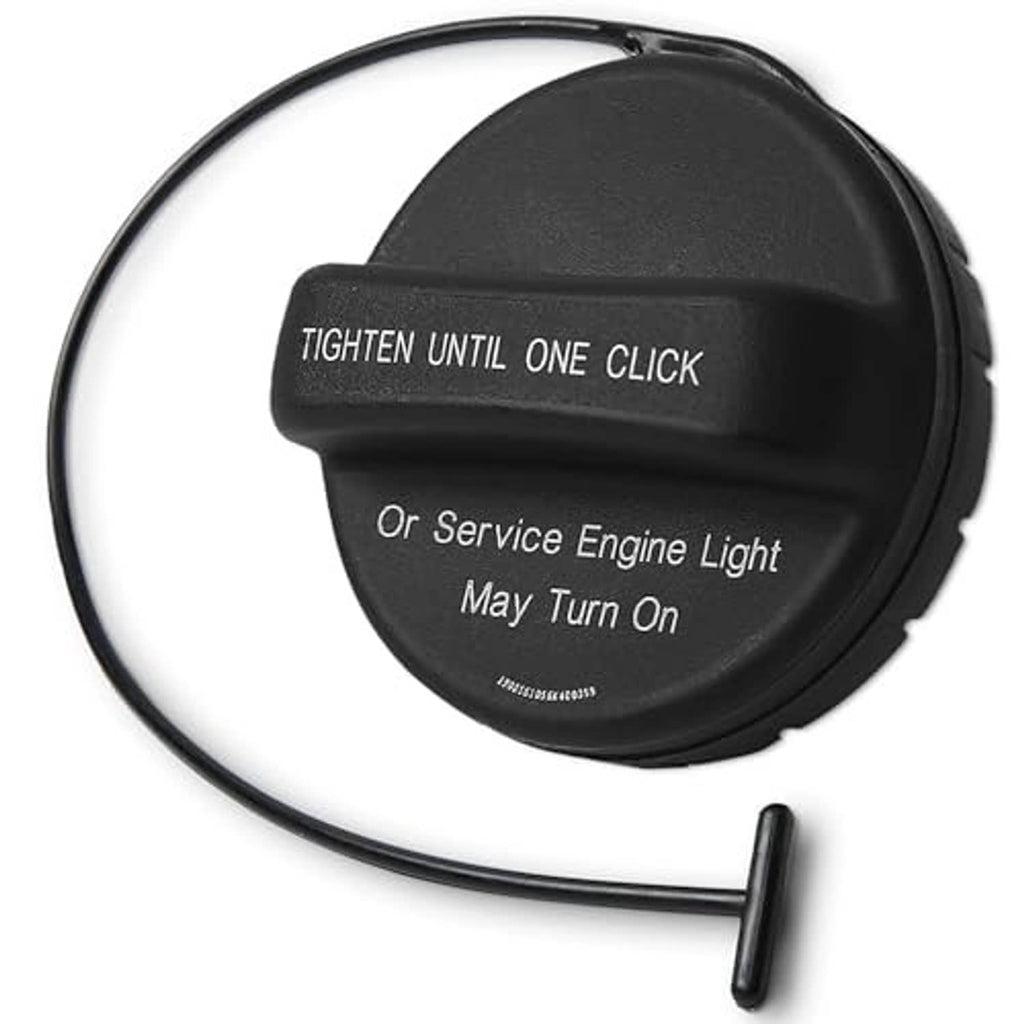 Black fuel gas cap with tether and 'Or Service Engine Light' printed on top