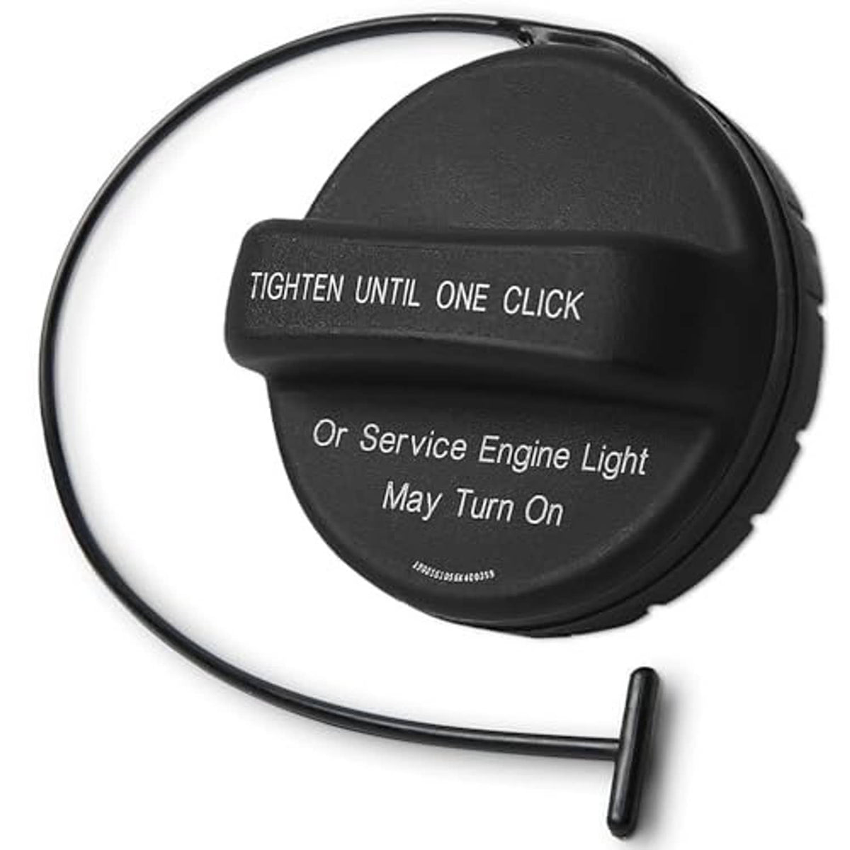 Black fuel gas cap with tether and 'Or Service Engine Light' printed on top