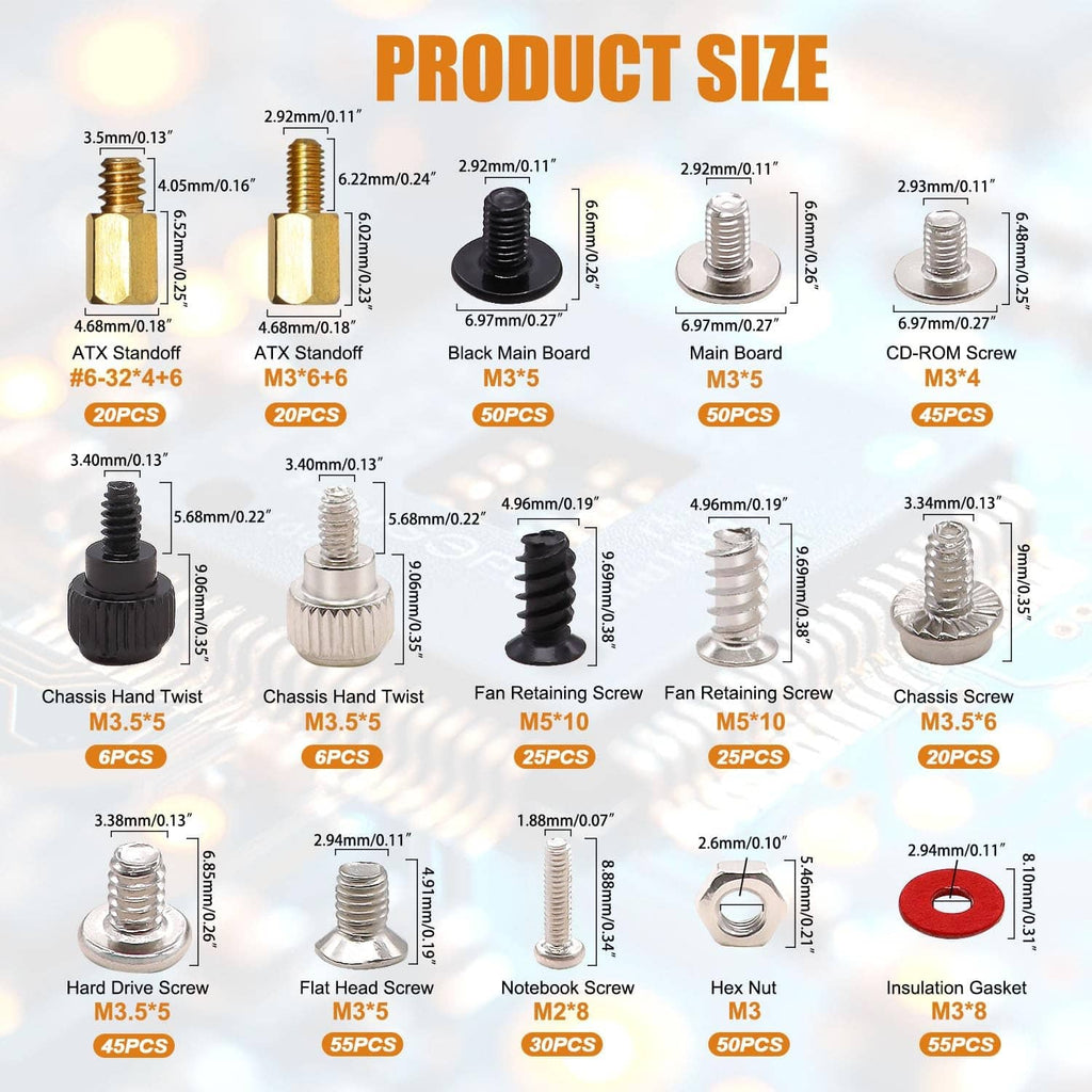 Assorted computer screws and washers with size chart for motherboard and PC parts