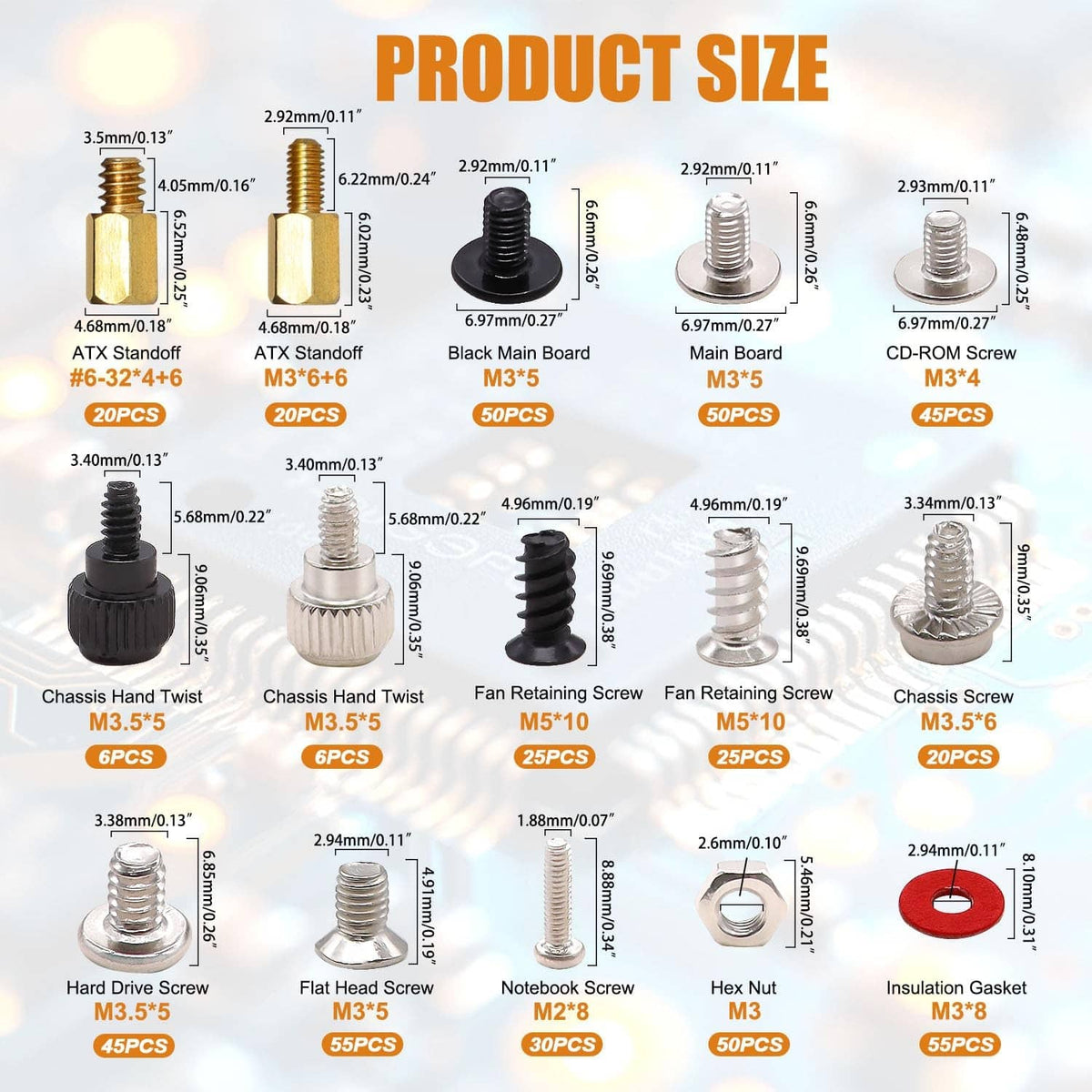 Assorted computer screws and washers with size chart for motherboard and PC parts