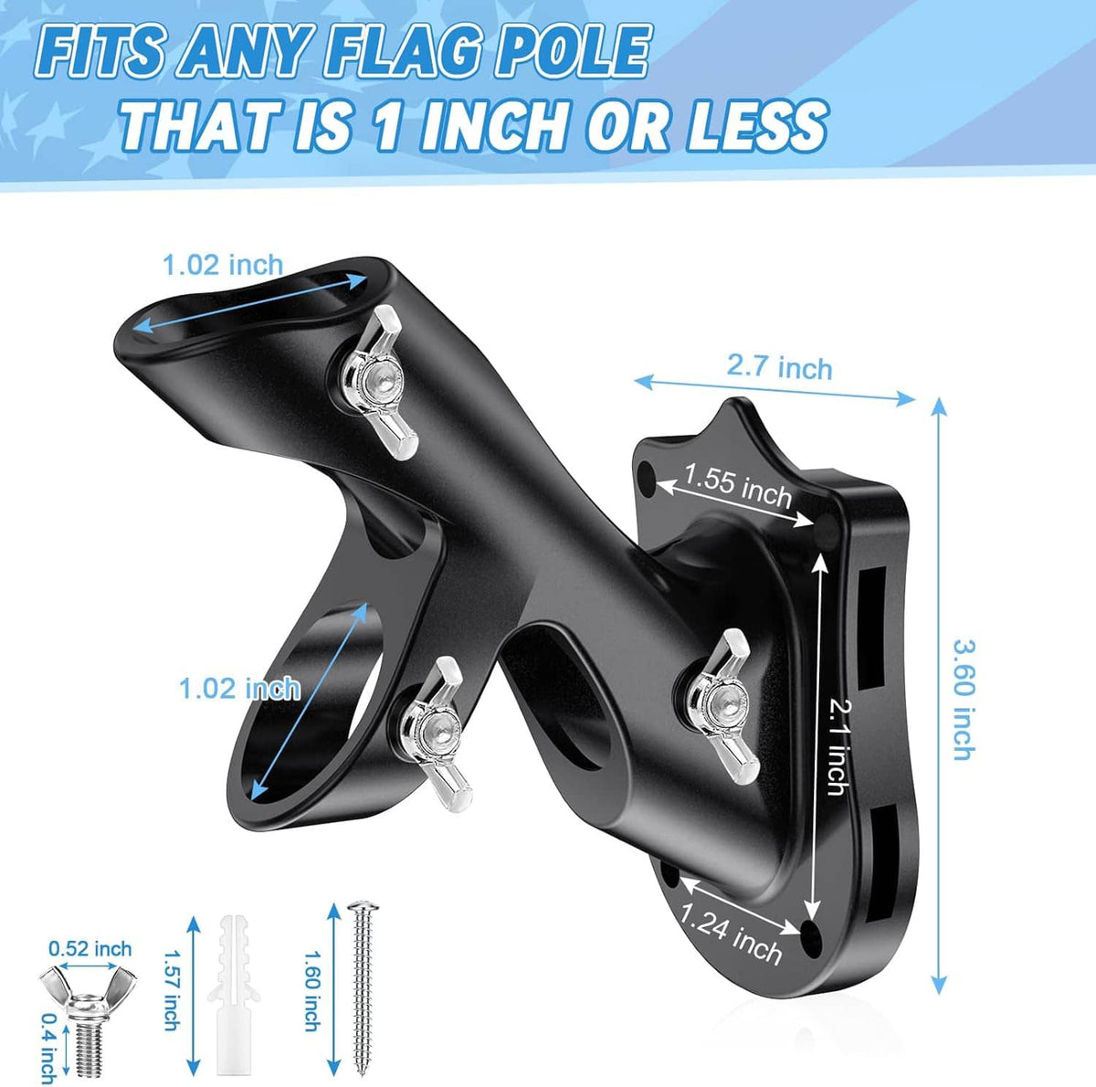 Black two-position metal flagpole bracket with clamp bolts and base