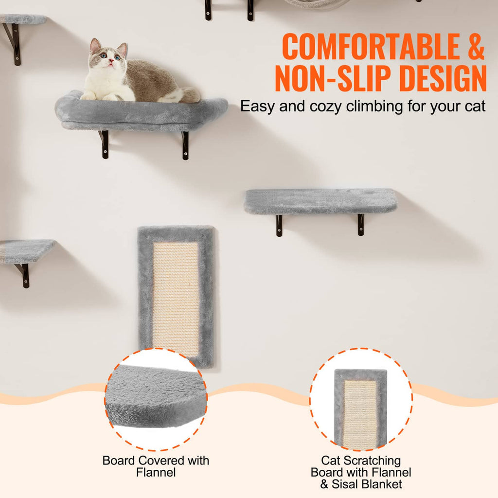 Wall cat shelves with gray flannel-covered platforms and sisal scratching panel