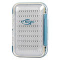 Large waterproof fly fishing box with clear lid, blue clips, and foam insert for flies