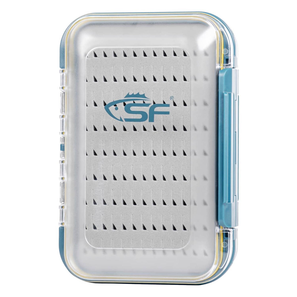 Large waterproof fly fishing box with clear lid, blue clips, and foam insert for flies