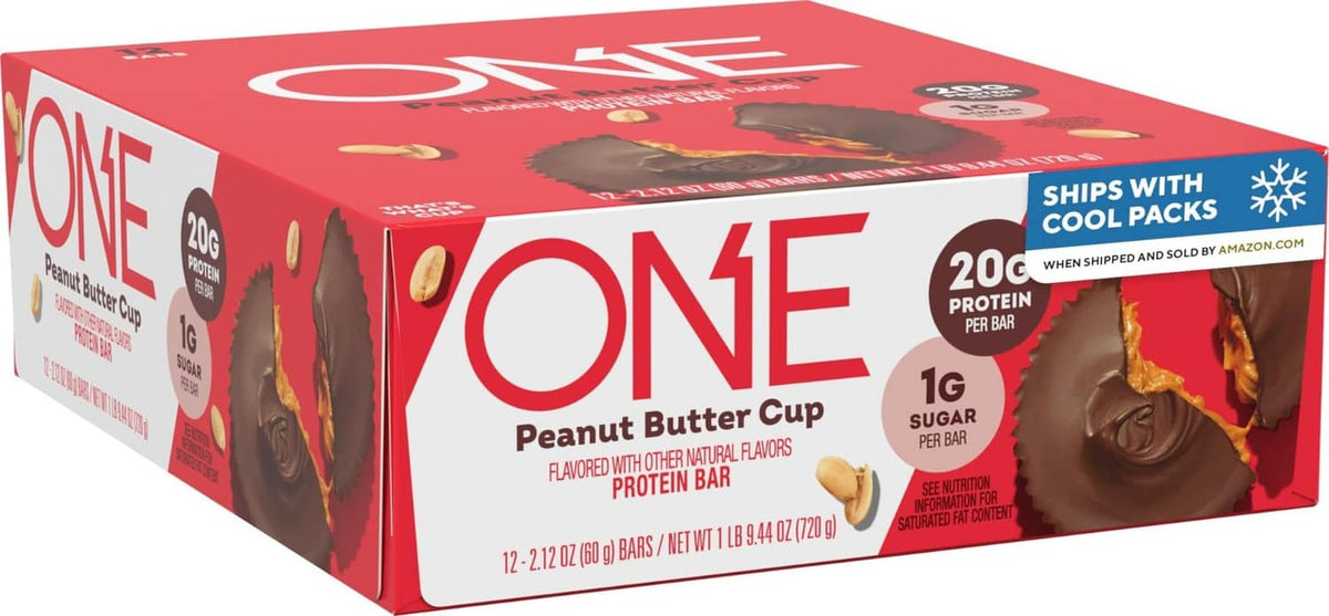 ONE peanut butter cup protein bar multipack box, 12 count, 2.12 oz each.
