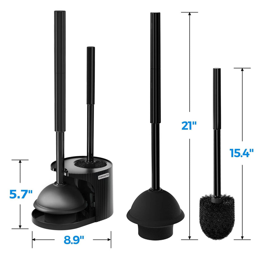 Black toilet brush and plunger set showing multiple handle lengths and stand bases