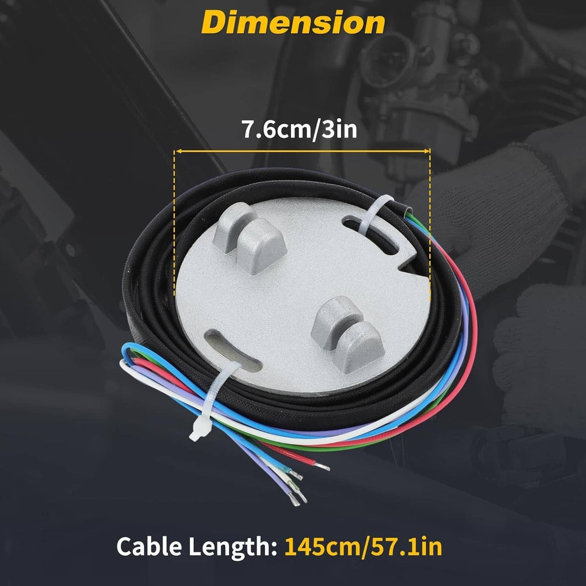 Ignition module with coiled cable and mounting bracket, showing cable length and size