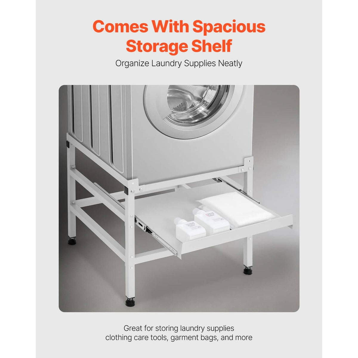 White laundry machine base with spacious storage shelf and leveling feet