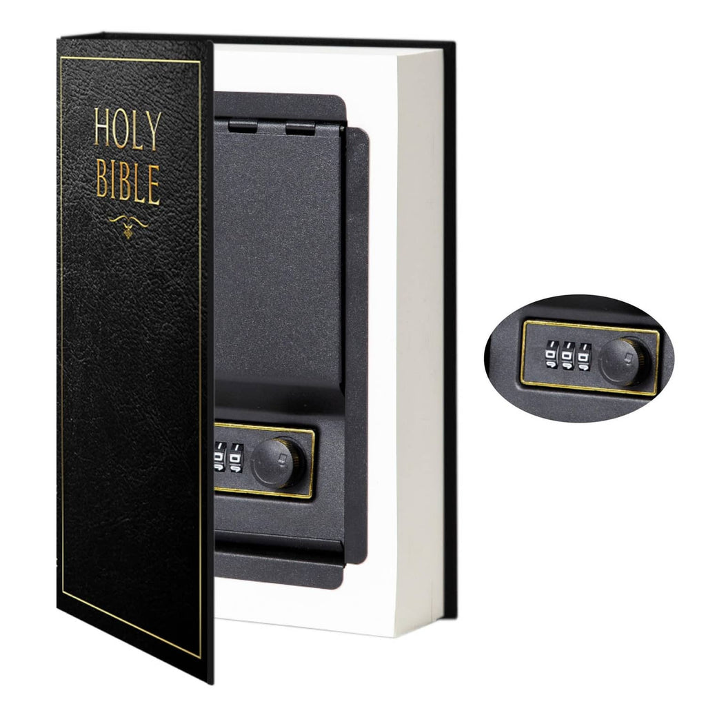 Small black book safe with combination lock keypad, open side view
