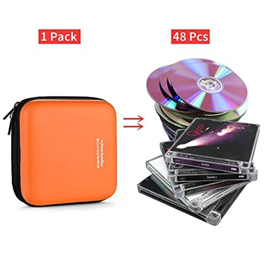 Orange disc storage case with 48-capacity styling, shown with multiple CDs and DVDs