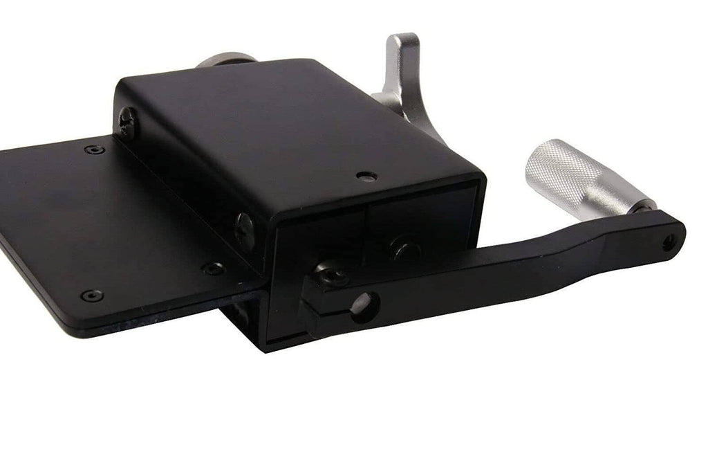 Pipe bead roller tool with hinged black top plate and silver metal roller access
