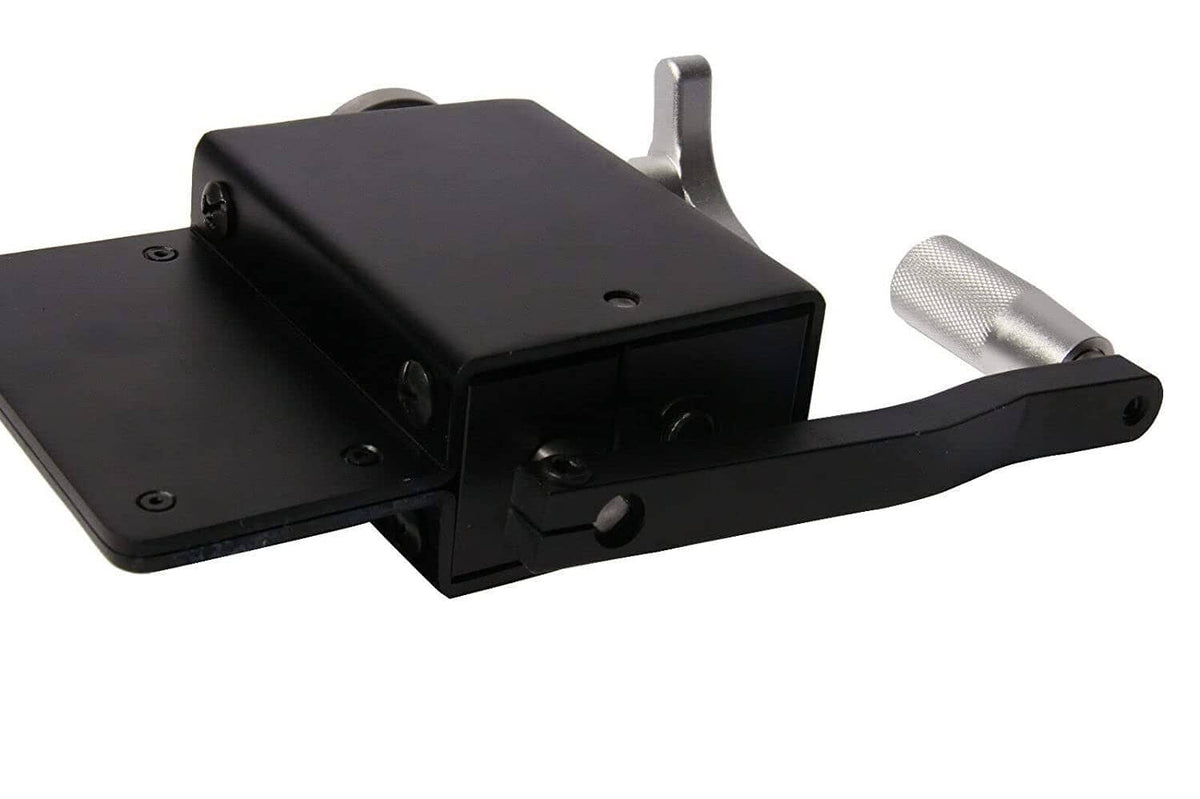 Pipe bead roller tool with hinged black top plate and silver metal roller access