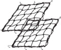 Black bungee cargo net with elastic cords and metal hooks for motorcycle storage