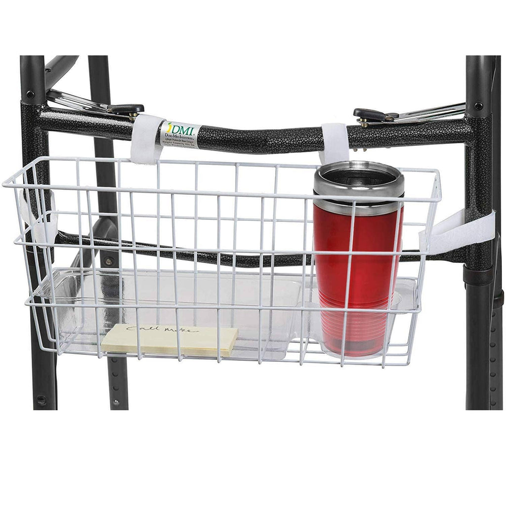 Walker wire basket with white metal frame and raised side rails, front view