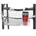 Walker wire basket with white metal frame and raised side rails, front view