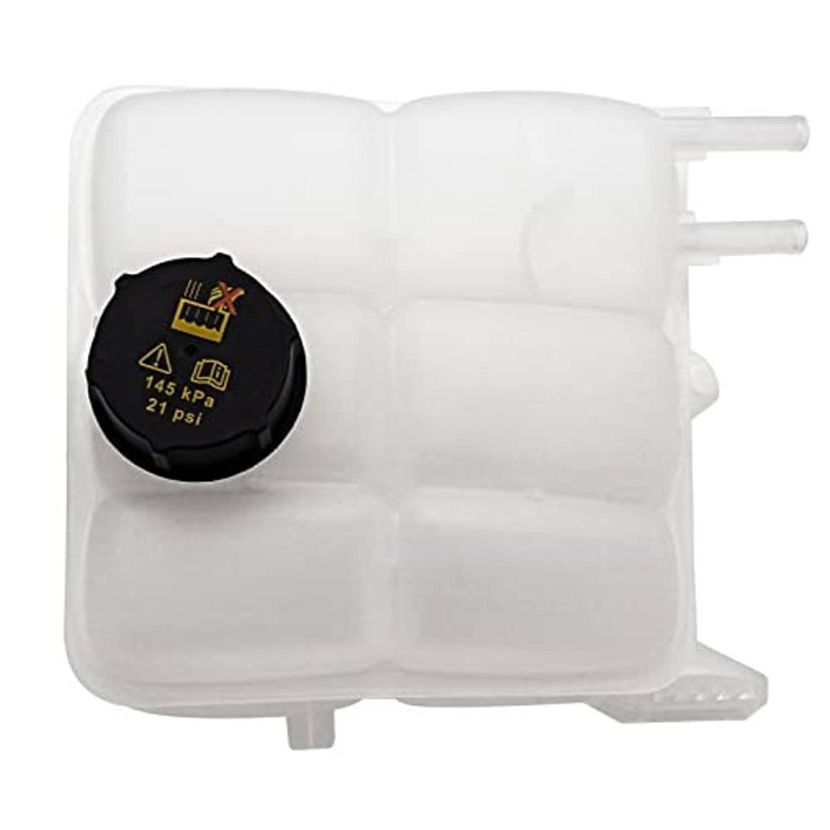 White coolant reservoir expansion tank with black pressure cap and side fittings