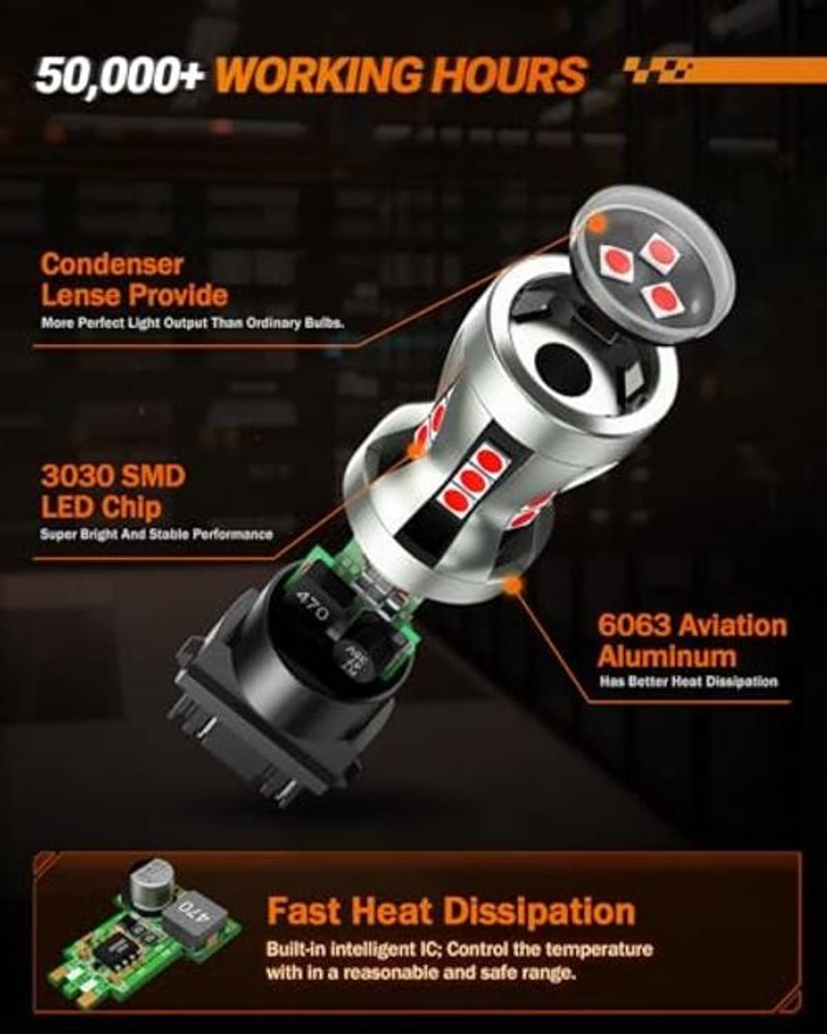Silver LED brake light bulb with red LED clusters on a black connector base
