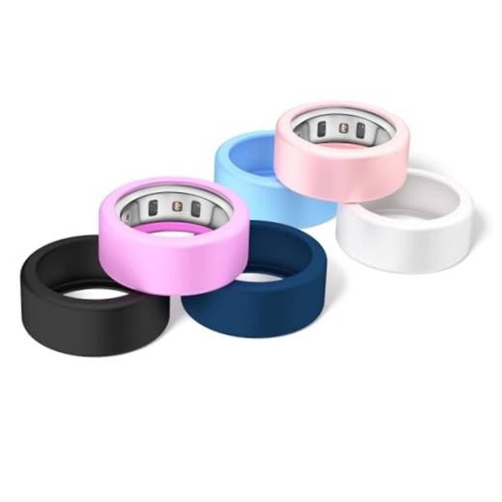 6-pack silicone smart ring covers with sensor cutouts in black, pink, blue, and white