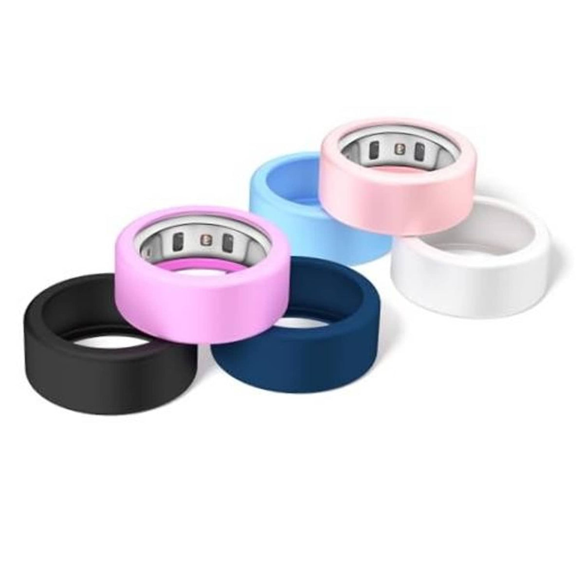 6-pack silicone smart ring covers with sensor cutouts in black, pink, blue, and white