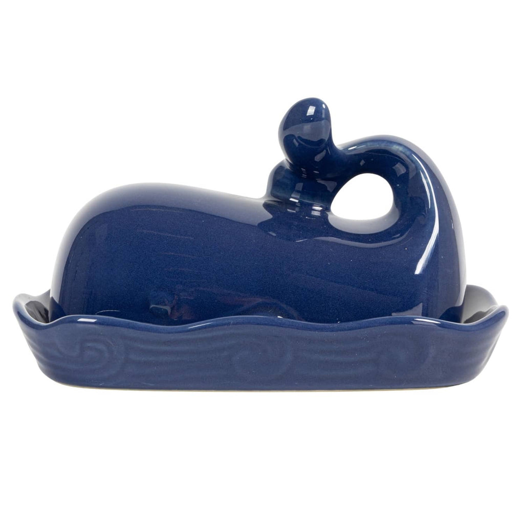 Dark blue whale butter dish with lid and textured wave-style tray