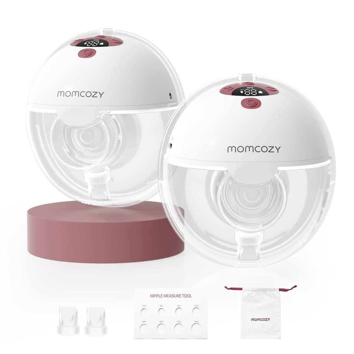 Double wearable breast pump set with two white pump cups, Cozy Red accents, and accessories