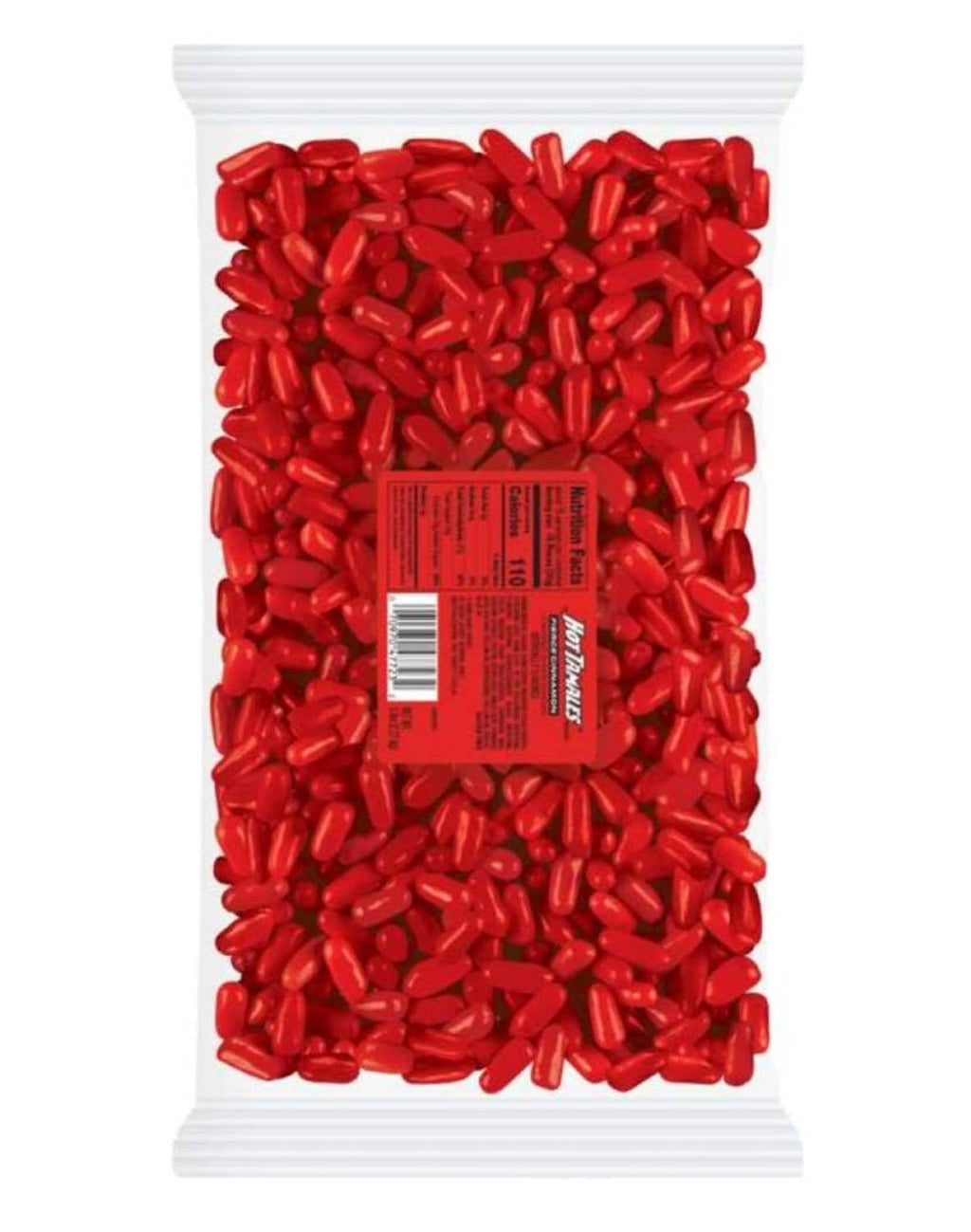 Hot Tamales cinnamon candies in a sealed pouch, red pieces with back label centered