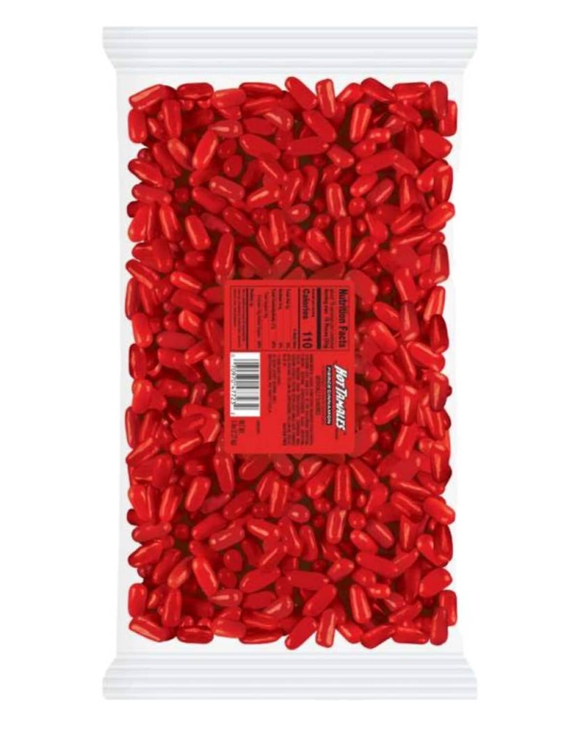 Hot Tamales cinnamon candies in a sealed pouch, red pieces with back label centered