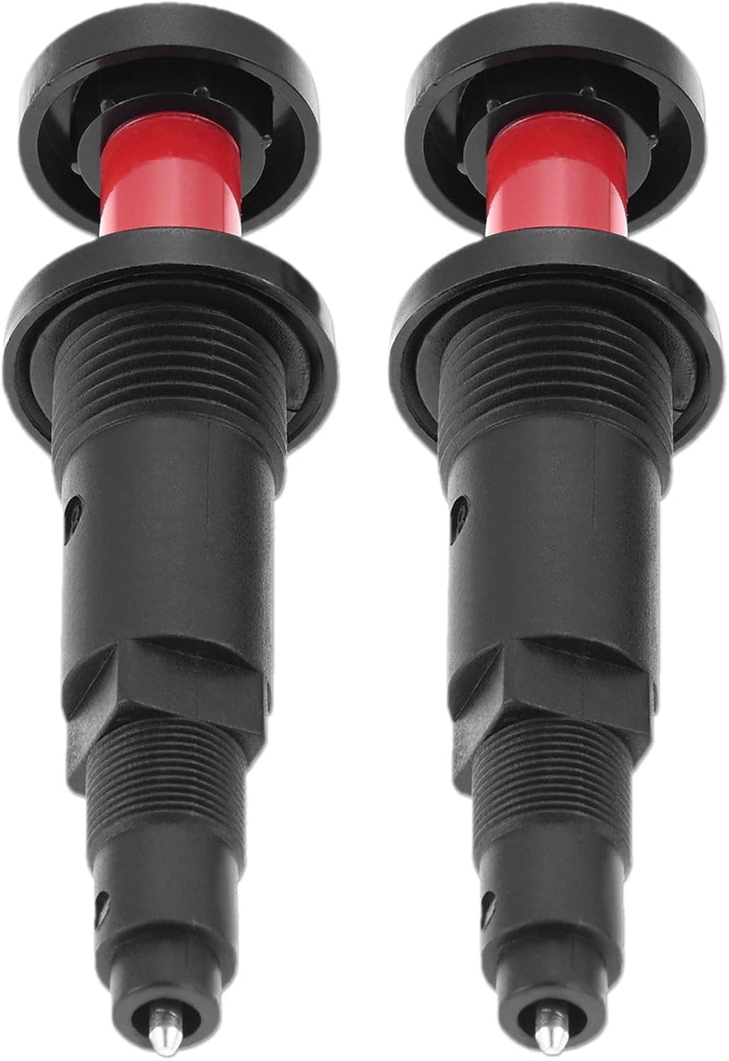 Close-up pair of piezo igniters, black threaded bodies with red insulator caps
