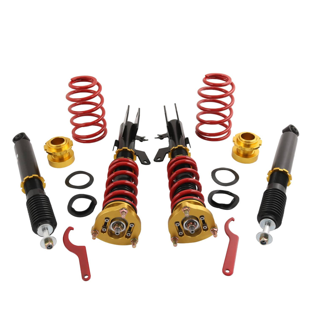 Coilover suspension kit with red springs, black shock absorbers, and gold adjustment caps