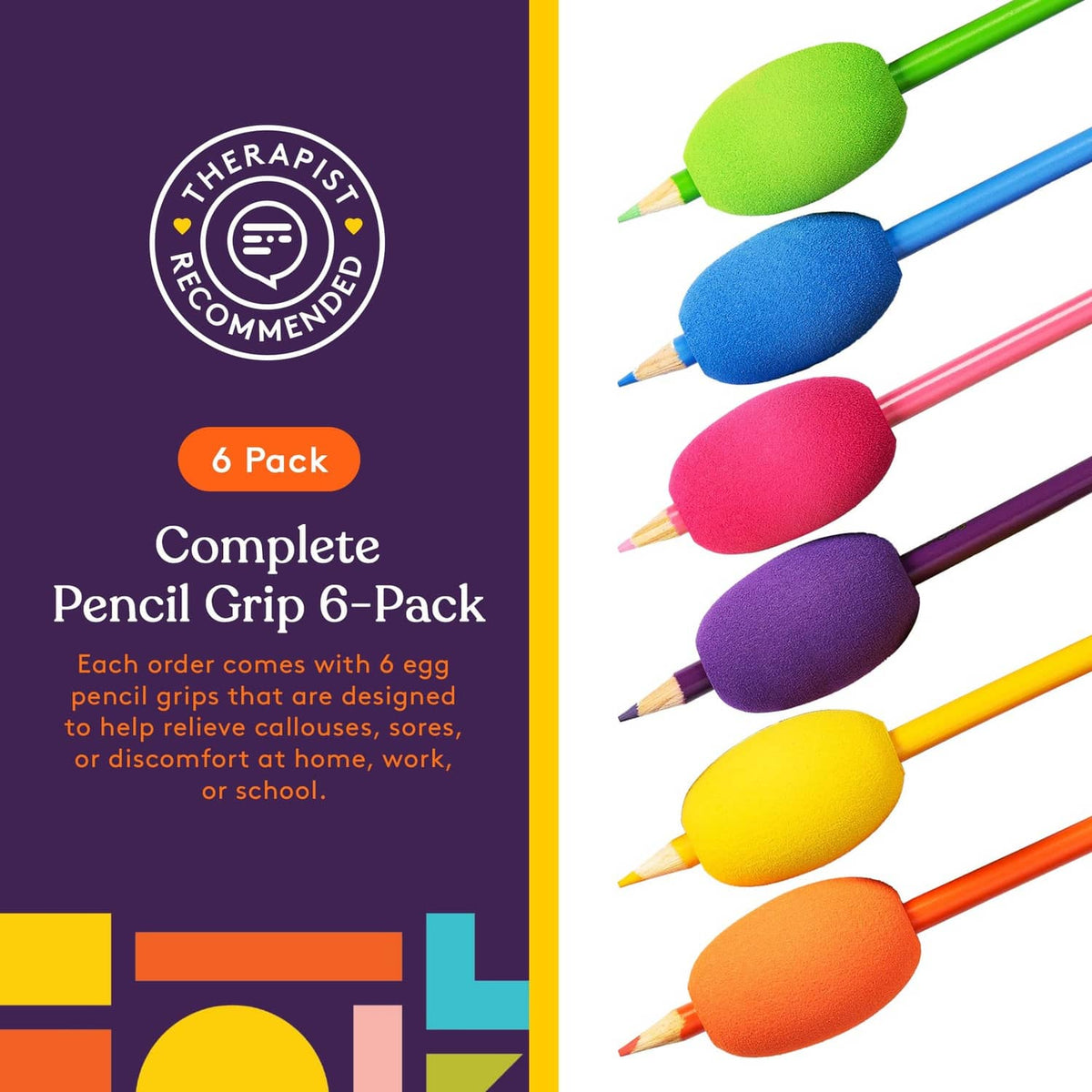 Row of colorful egg pencil grips with pencils: green, blue, pink, purple, yellow, orange