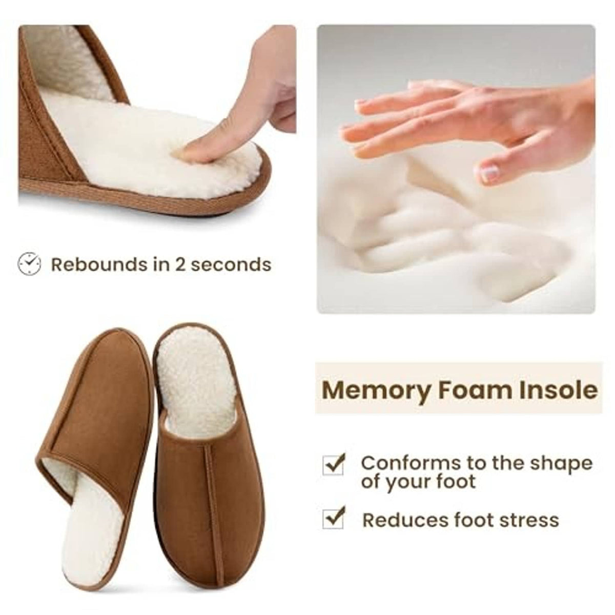 Chestnut scuff slipper showing plush sherpa lining and cushioned insole