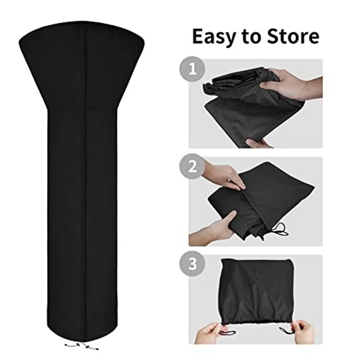 Black patio heater cover with adjustable cord, folded for easy storage.