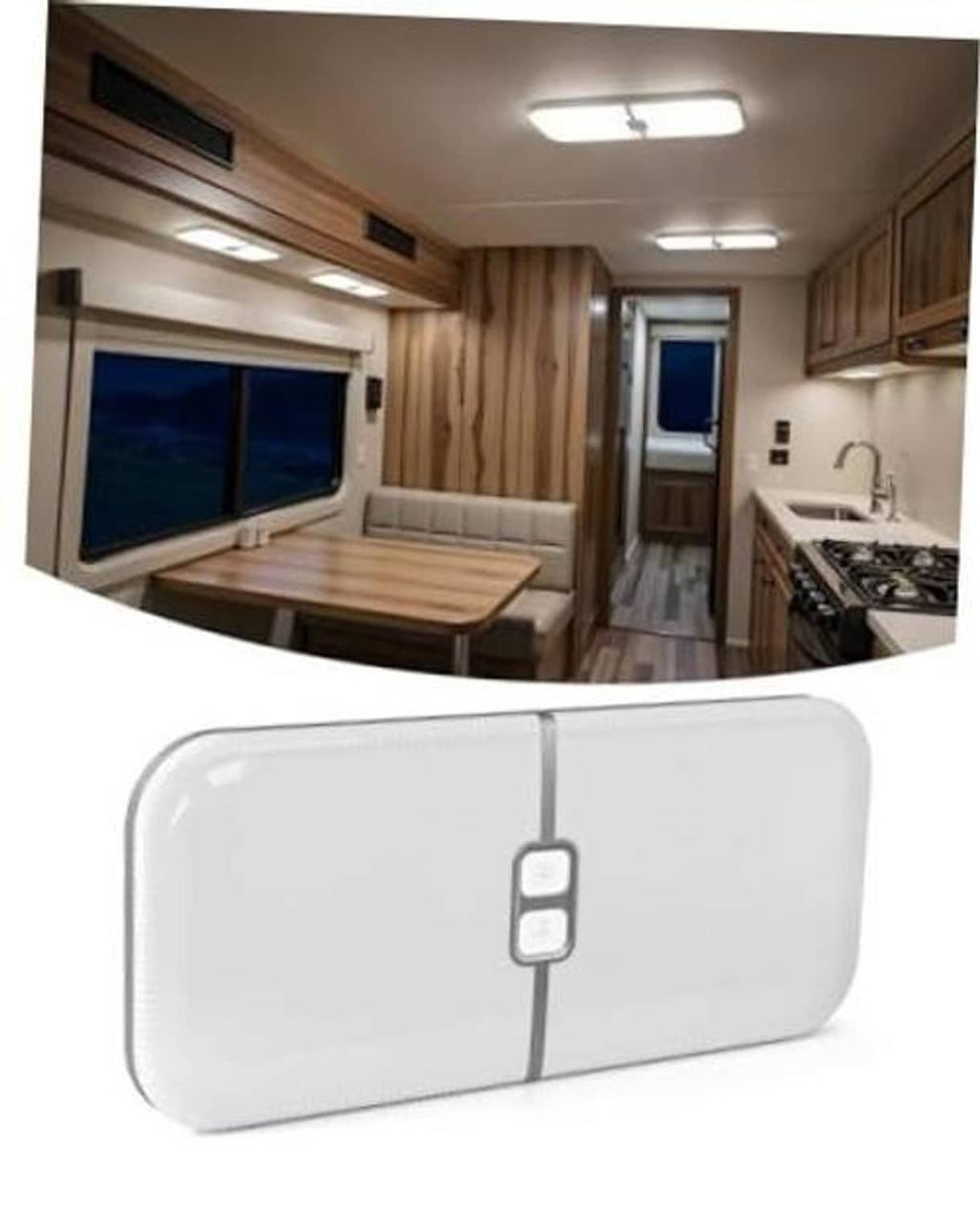 White RV LED ceiling dome light with central seam and attached connector on the housing.