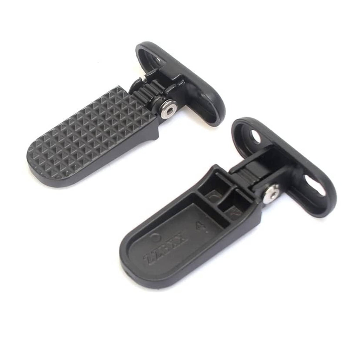 Rear passenger foot peg set: black textured pads with metal mounting pins