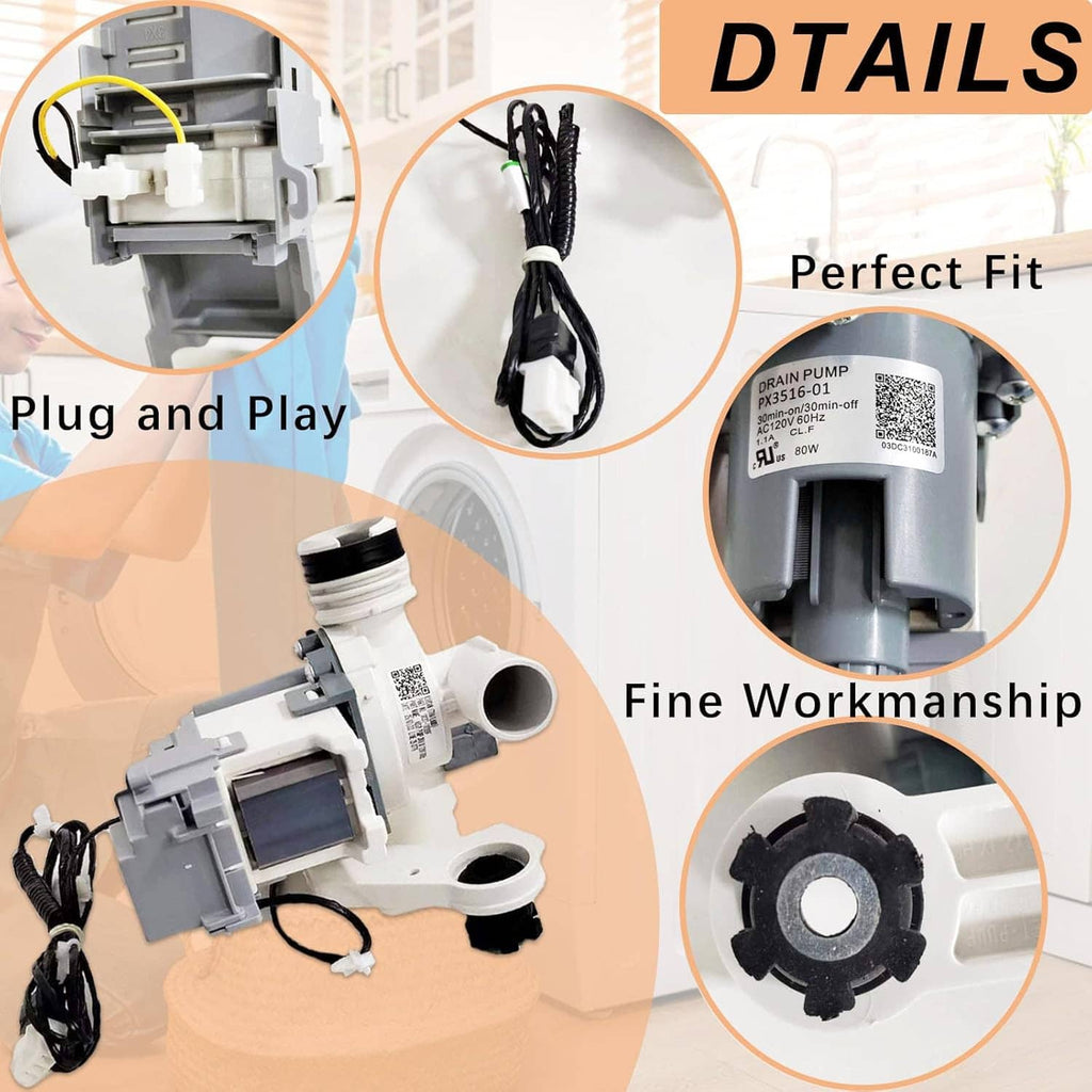 Washer drain pump assembly with wiring plug and connector, shown with detail callouts