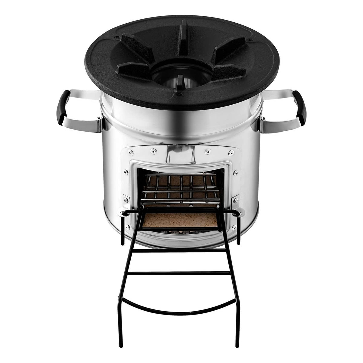 Portable camping rocket stove, black top, metal legs and grate with front door
