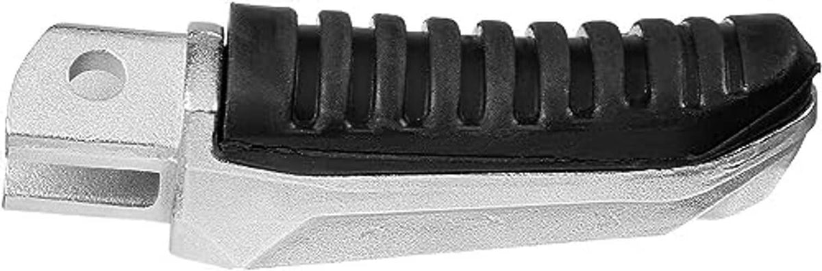 Front foot peg side view: black rubber grip with silver metal base and mounting bolt hole.