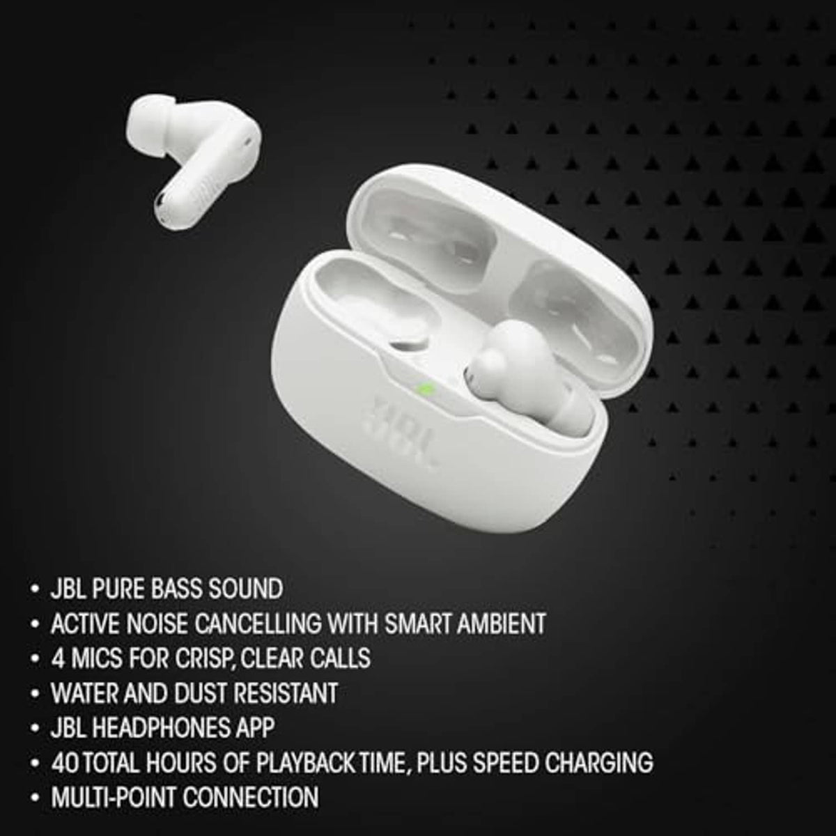 White JBL true wireless earbuds and charging case with green LED indicator