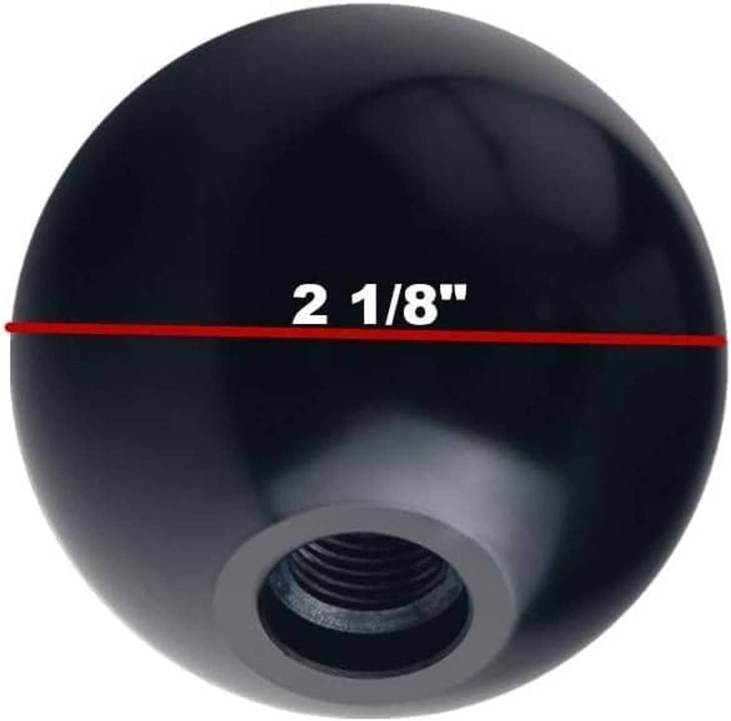 Black shift knob with “2 1/8” size marking above threaded mounting hole