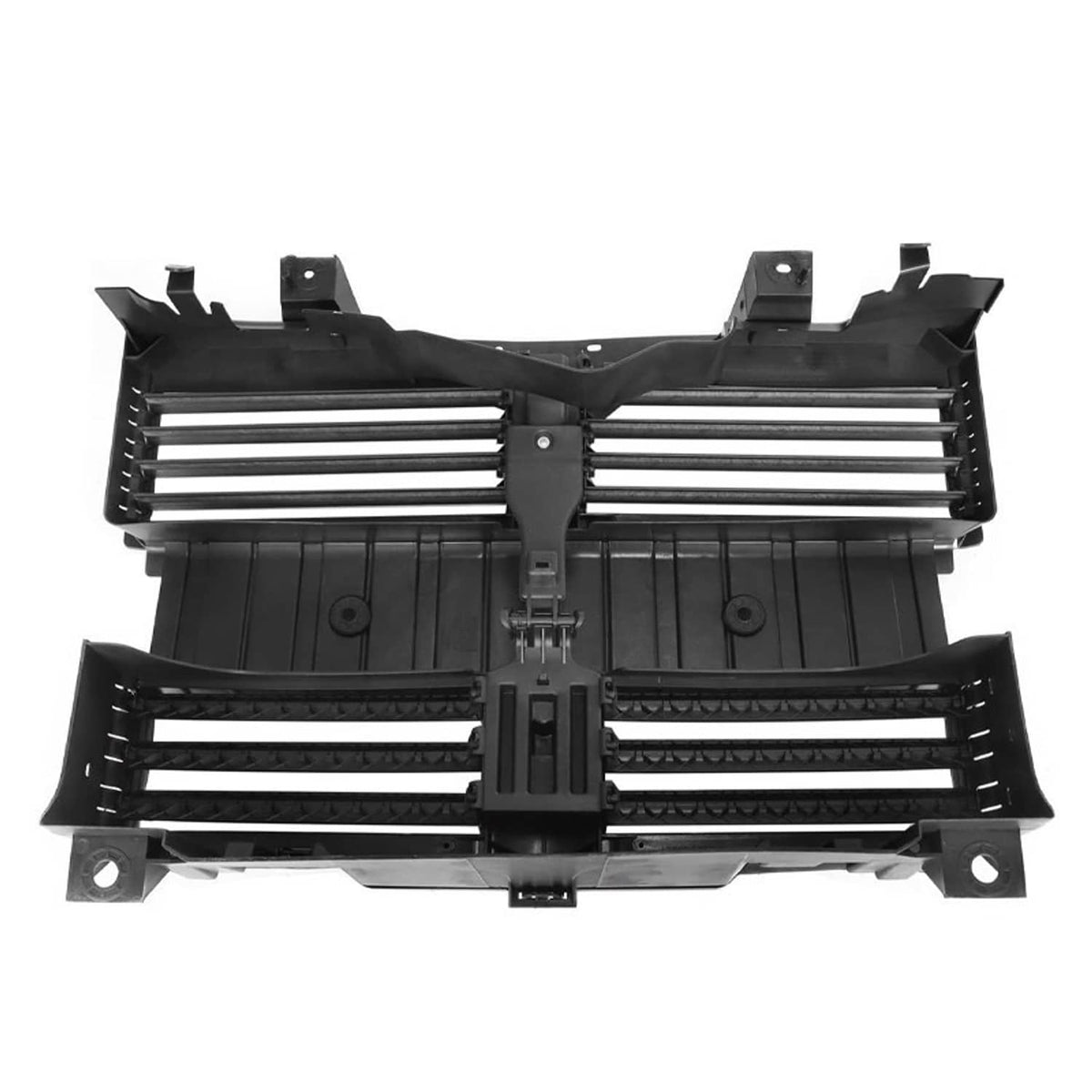 Black radiator shutter control assembly with horizontal slats and mounting brackets