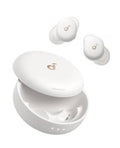 White wireless sleep earbuds with soft silicone tips and charging case