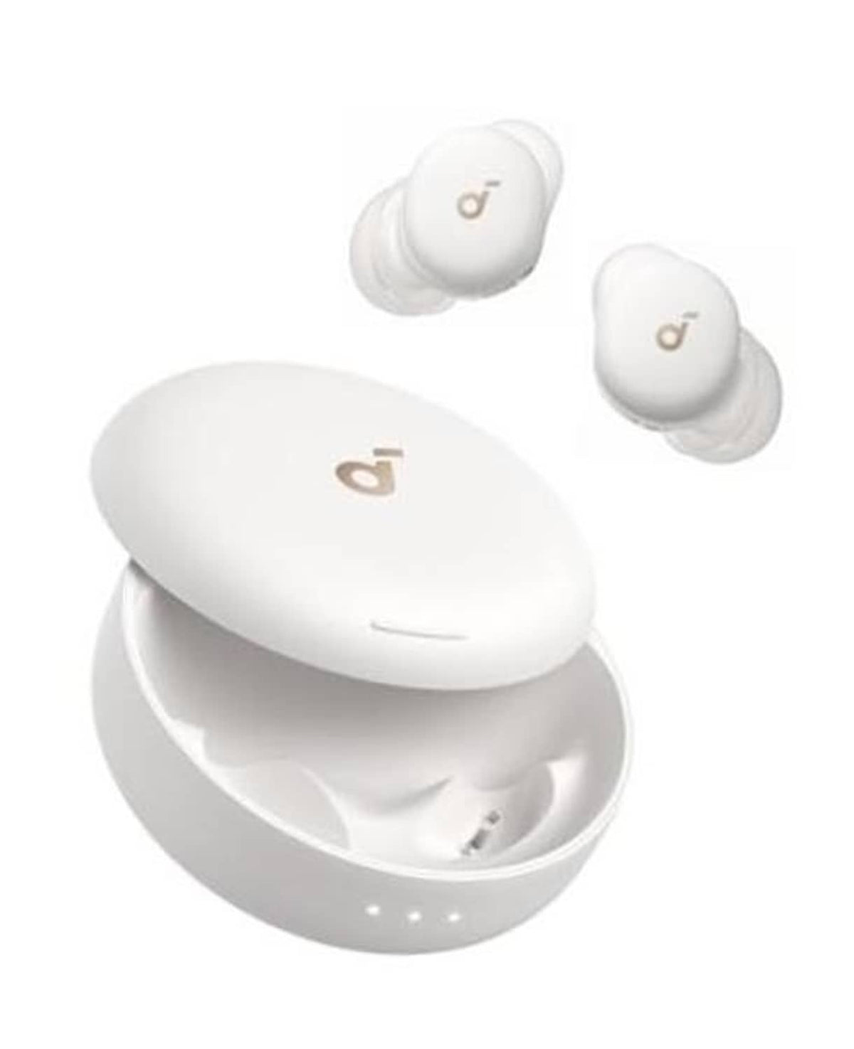 White wireless sleep earbuds with soft silicone tips and charging case