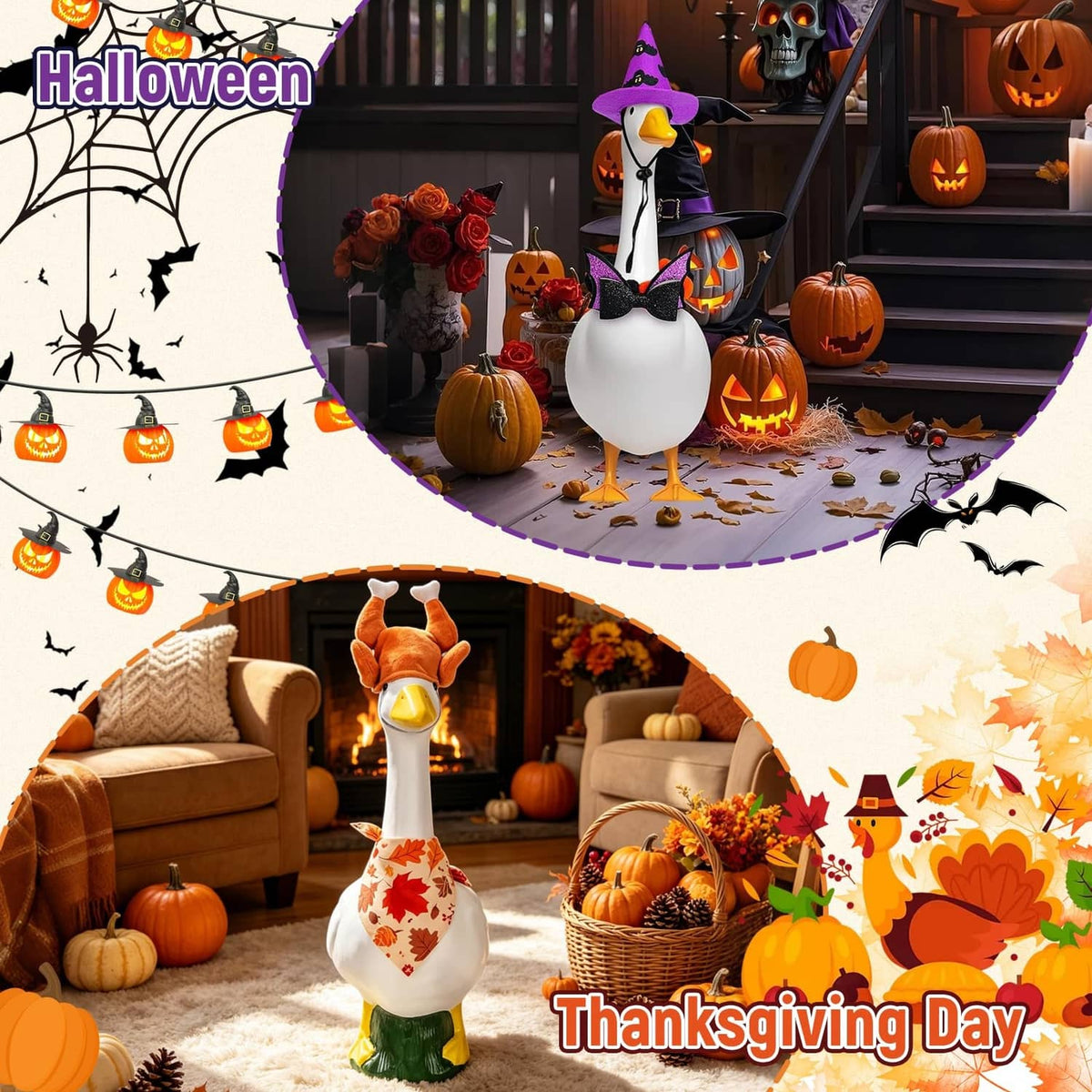 Decorative porch goose wearing an orange patterned outfit with a purple witch hat