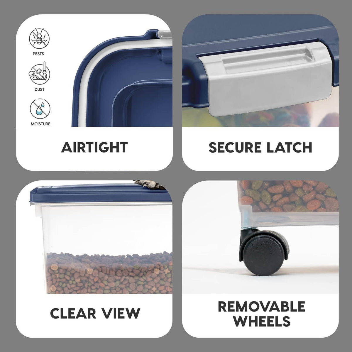 Dog food storage container features: airtight latch, clear view, and removable wheels