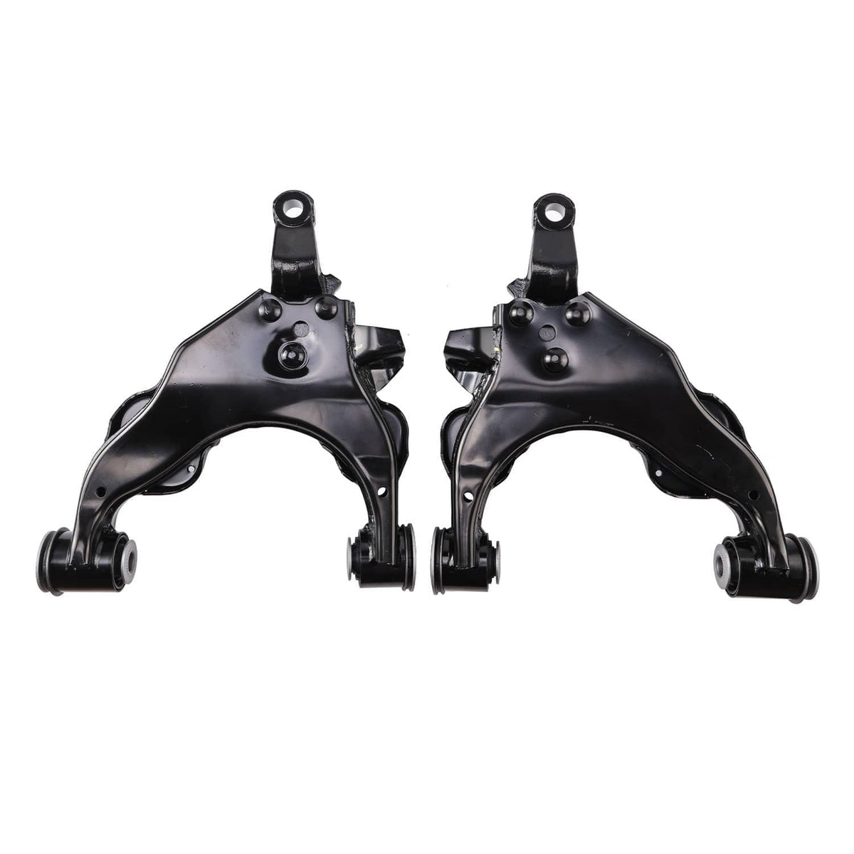 Front lower control arms, black metal with curved arm shape and rubber bushings