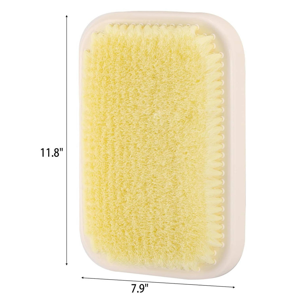 Wall-mounted back scrubber with yellow exfoliating pad in white housing, 11.8 x 7.9 in