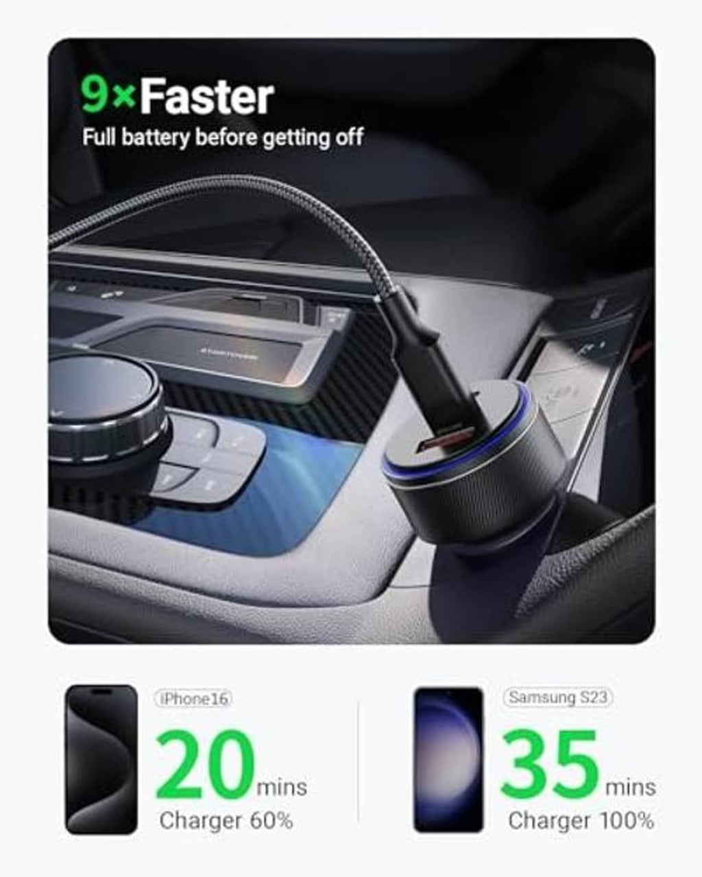 USB car charger plugged in beside a phone on a vehicle console
