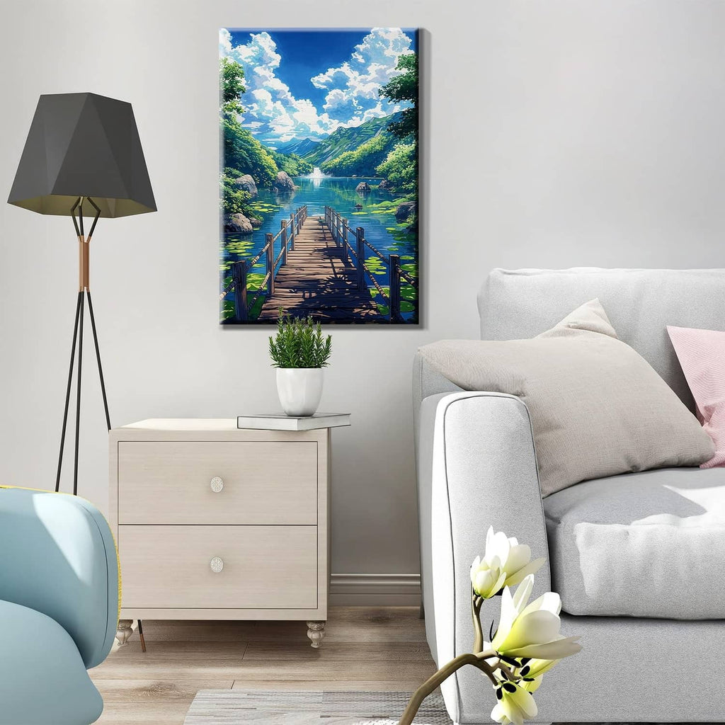 Finished lakeside landscape painting on an easel in a living room setting
